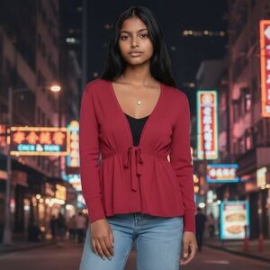 VTG Express Womens Y2K Babydoll Tie In Front Cardigan Small Holiday Preppy